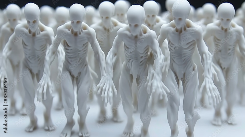 Poster a striking image of white figures in motion, showcasing a surreal and artistic representation of mov