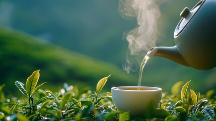 A steaming cup of fresh tea being poured in a serene tea garden, captured perfectly during sunrise. Ideal for relaxation and nature themes.