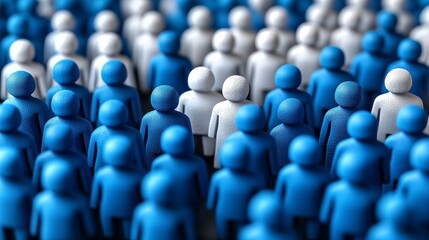 Obraz premium A striking image of a crowd, showcasing blue and white figures, symbolizing individuality and unity in diversity.