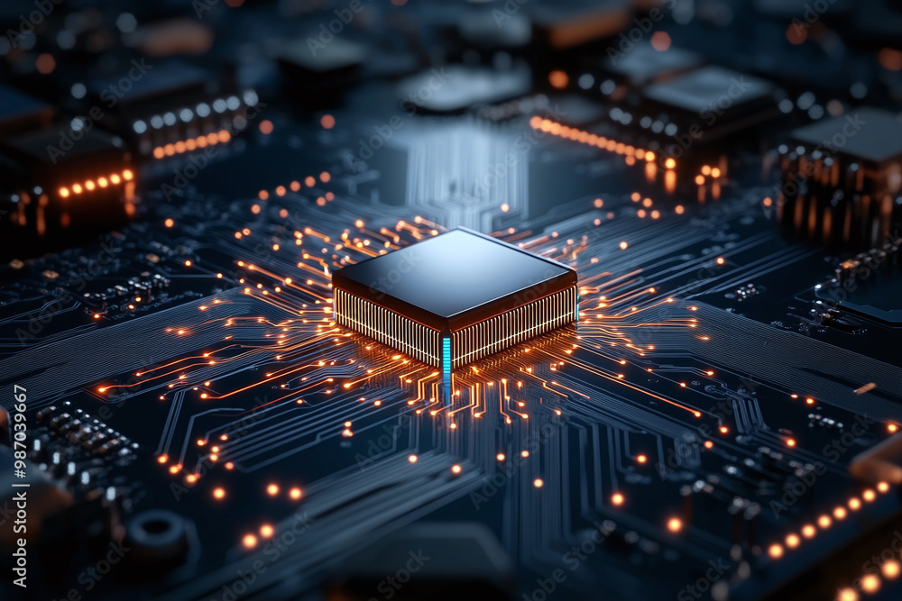 Poster a close up view of microchip surrounded by intricate circuitry and glowing connections, showcasing a