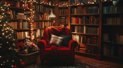 Christmas Study with Old Books and a Cozy Armchair