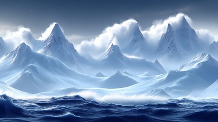 Fototapeta premium A stunning landscape view of snow-capped mountains with soft clouds above, reflecting tranquility and natural beauty.