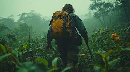A solitary hiker navigates through the dense foggy forest, showcasing the spirit of adventure and exploration amidst lush greenery.