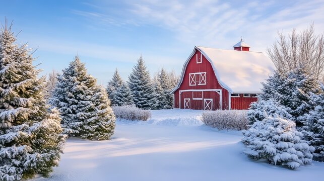 A picturesque red barn surrounded by snow-covered trees, under a bright sky, creating a serene winter landscape.