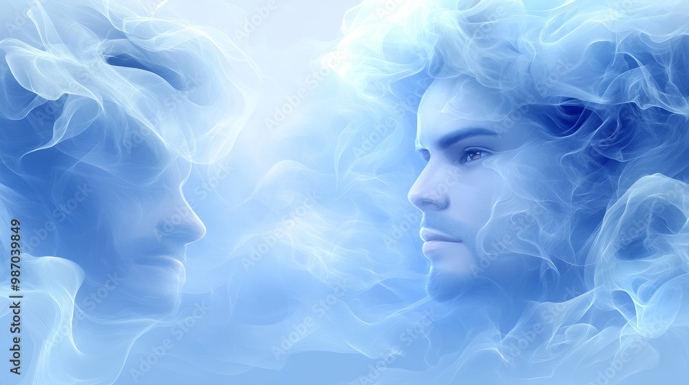 Poster a surreal representation of two profiles emerging from a cloud of blue smoke, symbolizing introspect