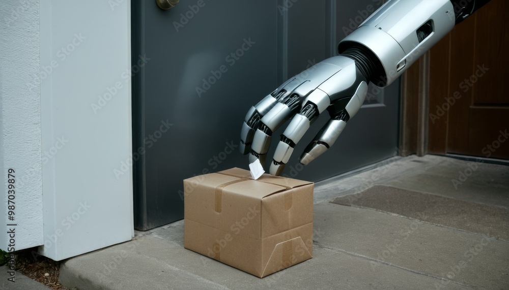 Poster a close-up shot of a robot hand placing a package at a front door, symbolizing the future of automat