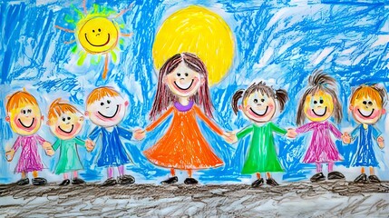 A drawing of a group of children holding hands in front of a sun