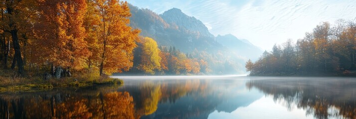 Fototapeta premium A scene of a body of water encircled by trees with vibrant orange and yellow leaves, accompanied by a distant mountain backdrop