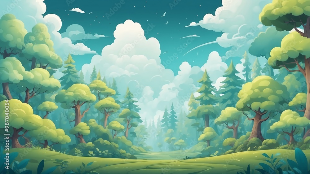 Wall mural whimsical cloudy forest day cartoon background design