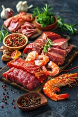 Fresh Seafood and Meat Assortment on Rustic Kitchen Table