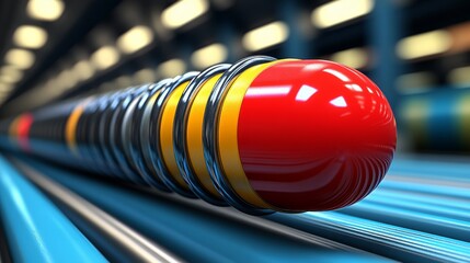 A vibrant red capsule rolling along a blue surface, showcasing a modern design and dynamic composition.