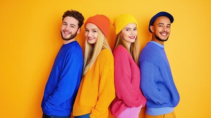 A group of four friends dressed in bright 80s and 90s clothing share joyful moments, showcasing their vibrant style while enjoying each other's company