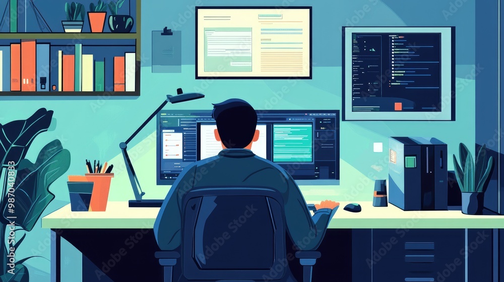 Poster a remote worker accessing company data via a secure vpn, protected by encryption tools in a home off