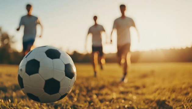 A vibrant scene of three players running towards a soccer ball on a sunny day, capturing the excitement of the game.