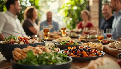 Obraz premium Delicious spread of fresh salad and gourmet dishes at a social gathering, highlighting joy and togetherness around food.