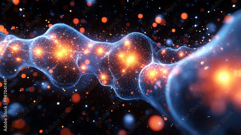 Poster abstract visualization of a molecular structure, depicting glowing connections and intricate pattern