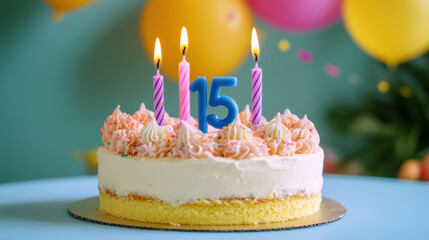 15th Birthday Celebration with Lit Candles on Cake