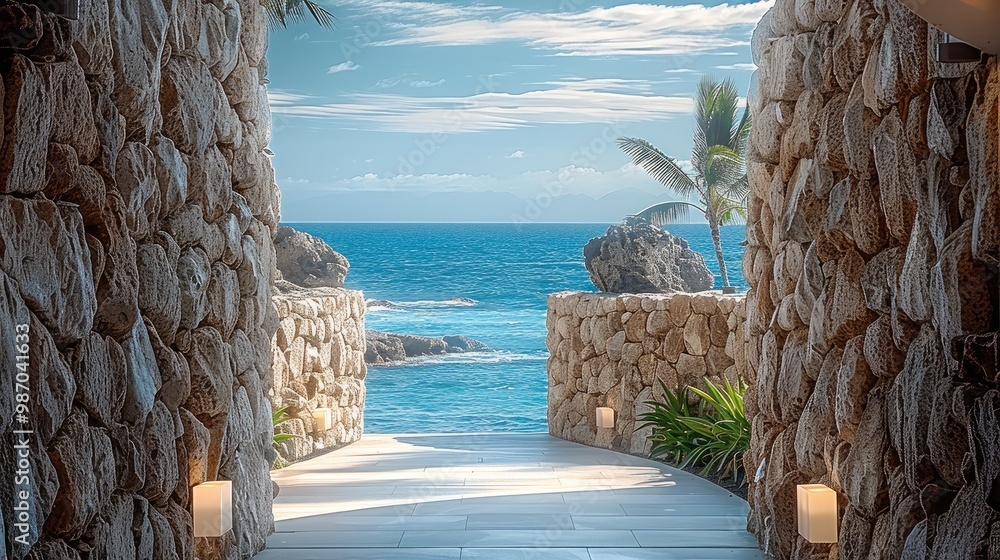 Poster view between 2 stone walls, access to a hotel lobby with ocean view in the back.
