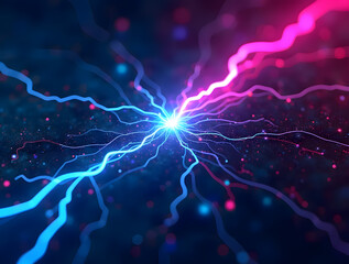 Neon purple-blue digital network showcasing data connections and energy flow in a futuristic cyber world