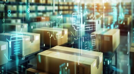 Naklejka premium Automated Warehouse with Digital Overlays