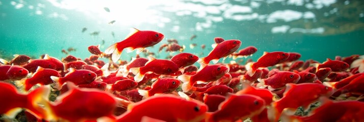  A large school of red fish swimming in unison