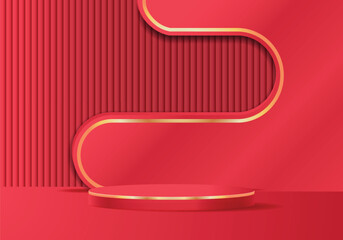 Luxury red podium product display stage with 3D floor background with