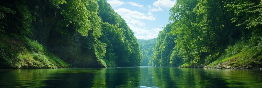  A river bordered by lush, green trees, with forests of dense green foliage on each side