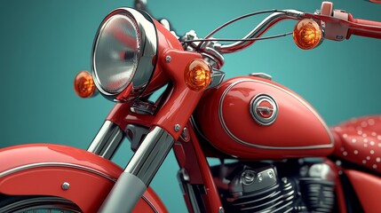 Fototapeta premium Close-up of a vintage red motorcycle featuring classic design elements, perfect for automotive enthusiasts and retro style lovers.