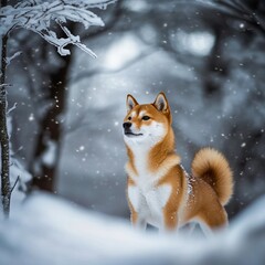 Obraz premium A brown and white dog standing in the snow in the woods