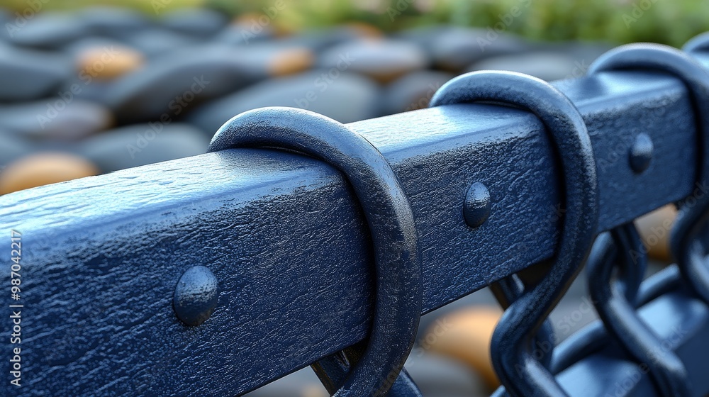 Poster close-up view of a chain link fence with a blurred stone background, highlighting texture and design