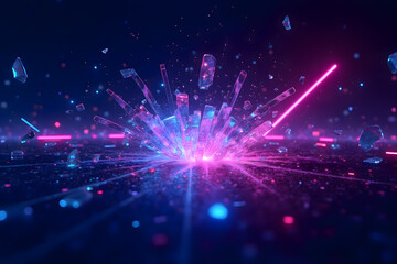 Naklejka premium A vibrant neon crystal explosion showcasing futuristic energy and dynamic particle effects