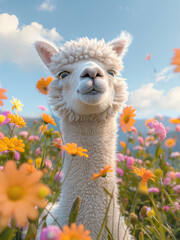 Obraz premium Alpacas in flowers, green lawn full of flowers, alpacas very cute expression.