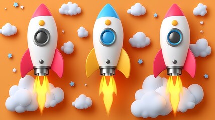 Obraz premium Colorful rocket ships launching upward against a bright orange background, surrounded by clouds and stars, symbolizing adventure.