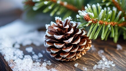 A pine cone with leaves in close-up, covered with frost, photo on the desktop.