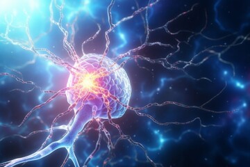 Obraz premium Illuminated Neural Cell on Dark Background Showcasing Synaptic Connections
