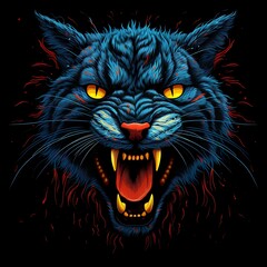 A ferocious blue cat with glowing yellow eyes and bared teeth against a black background with red and orange splatters.
