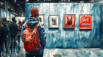 Visitor admiring art exhibition with creative watercolor style