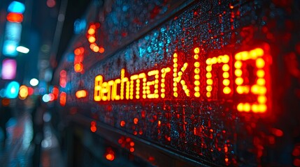 Illuminated benchmarking sign in urban city environment at night