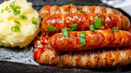 Rustic Italian sausage with pepper and onion and mashed potatoes with garlic on a black plate.