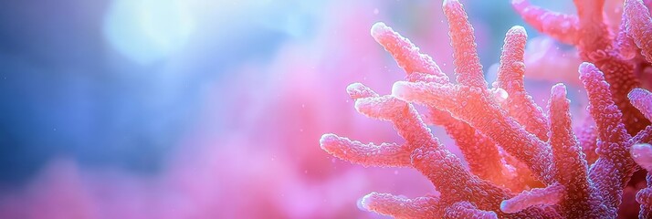  A tight shot of a pink coral, bejeweled with water droplets, and a clear blue sky as the backdrop