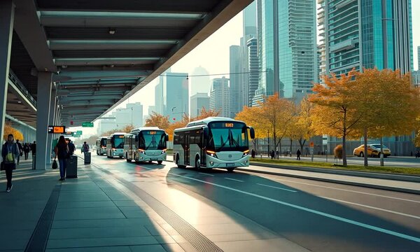 Public transportation hub featuring electric buses and autonomous vehicles, highlighting innovation in modern cityscape architecture. Generated with AI
