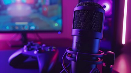 A dynamic podcast microphone and gaming console setup showcasing the essence of a vibrant gaming podcast atmosphere filled with enthusiasm and interactive discussions about the latest video games