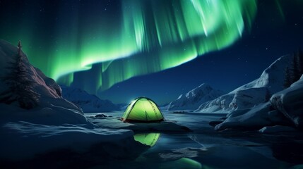 Serene Lakeside Camping Under Northern Lights Night Sky