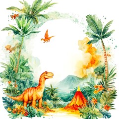 A vibrant illustration picture features a smiling dinosaur amidst lush tropical foliage and an erupting volcano ideal for children's books, educational materials, and themed party invitations,