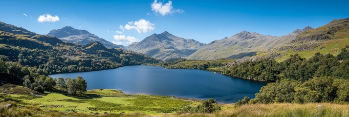  A lush green valley encloses a lake, encircled by mountains and ringed with grass and trees