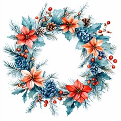 Fototapeta premium A festive wreath featuring poinsettias, pinecones, and berries, perfect for holiday decorations, greeting cards, or seasonal promotions,