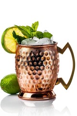 Frosty Moscow Mule Cocktail in Copper Mug with Lime and Mint