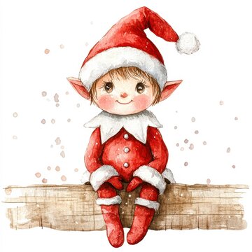 A cute watercolor illustration of a Christmas elf in a red outfit with a white collar, perfect for holiday greeting cards, festive decorations, or children's storybooks,