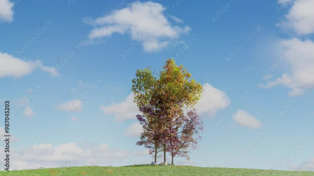 Poster footage of autumn tree on small hill with clouds and blue sky, 3d illustration rendering