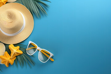 Attractive Summer blue banner with yellow hat sunglasses seashell